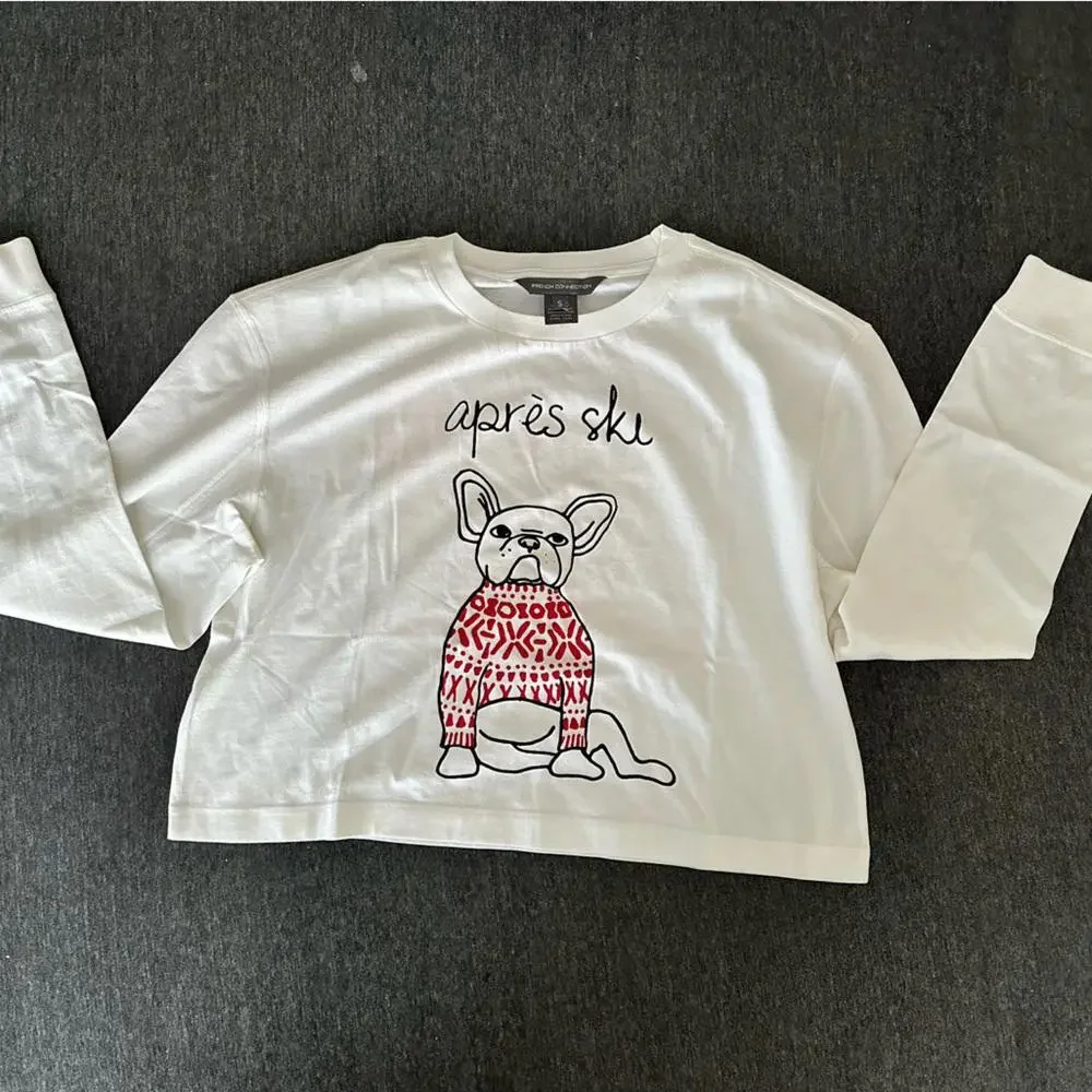 French Connection Women Sz S Apres Ski Frenchie Bulldog Parisian crop jersey